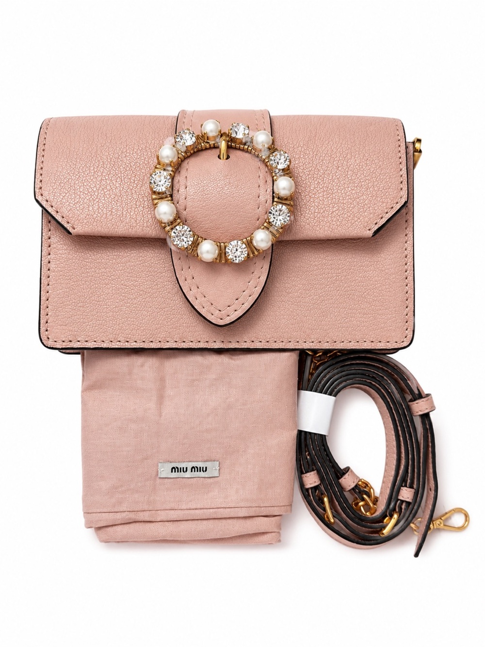 Miu Miu Blush Pink Leather Mini Shoulder Bag with Pearl & Crystal Buckle